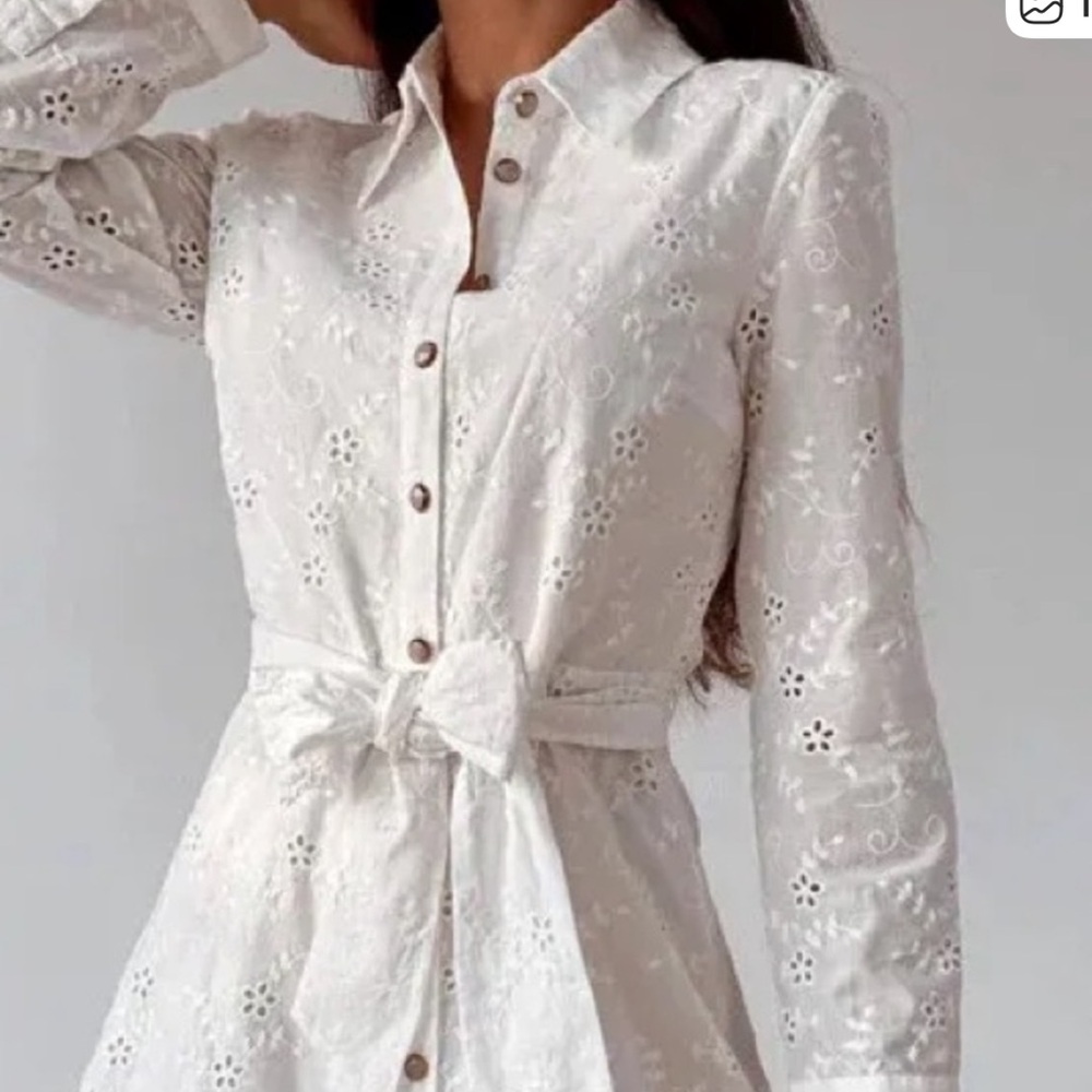 Zara White Long Sleeve Eyelet Dress